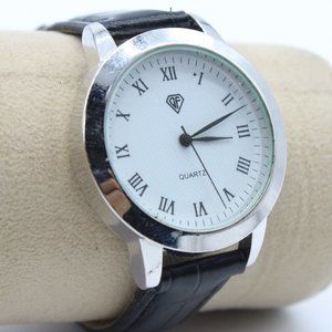 DF Watch Men's Elegant Quartz Silver-Tone Wrist Stainless Steel Black Leather